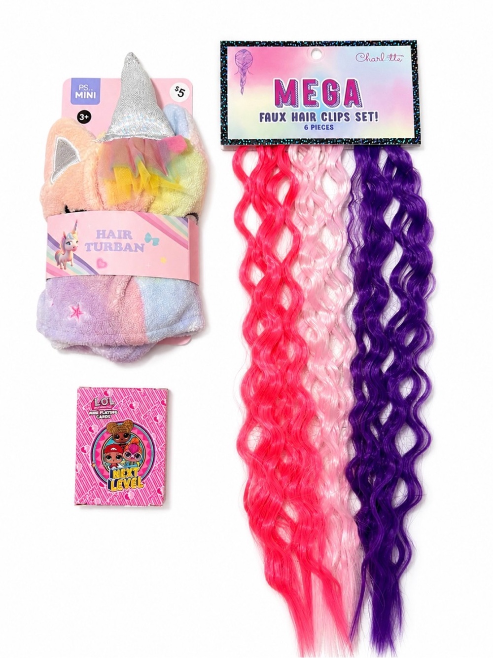 Mega Faux Hair Clips Set + Unicorn Hair Turban - Pink, Purple, Rainbow
